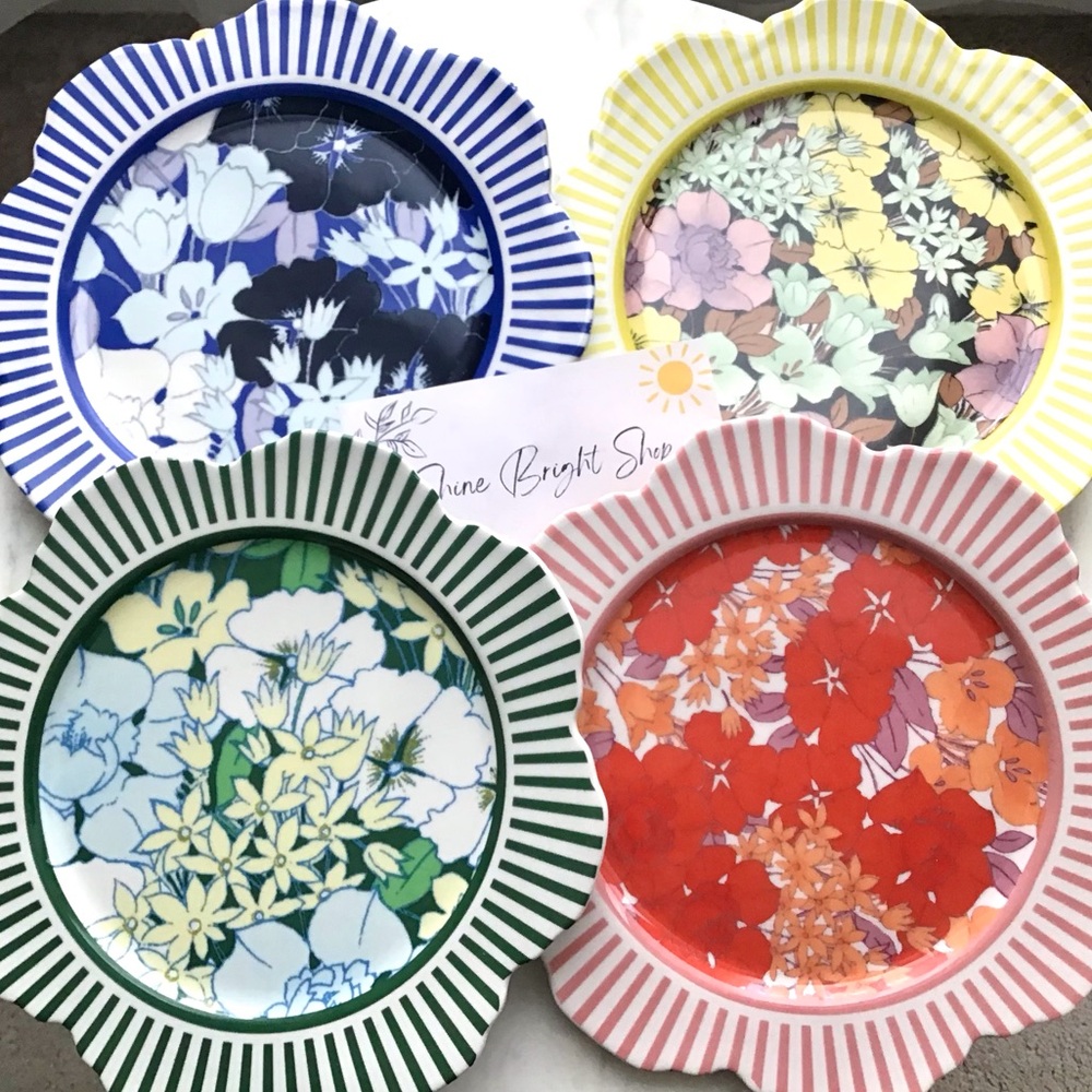Anthropologie Glazed Stoneware Plates Floral Stripes Set of 4 NWT